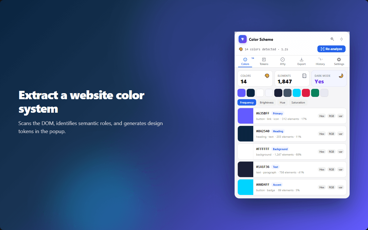 Color palette — detected colors with hex values, role labels, and copy controls