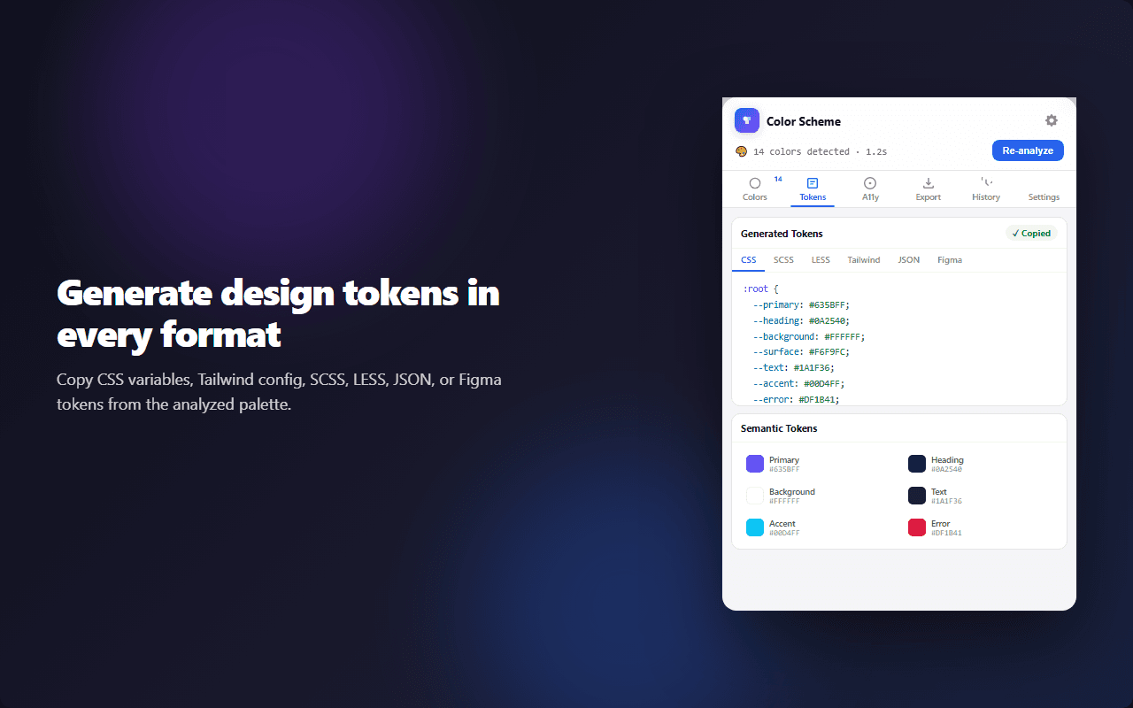 Tokens tab — generated CSS variables and semantic color tokens