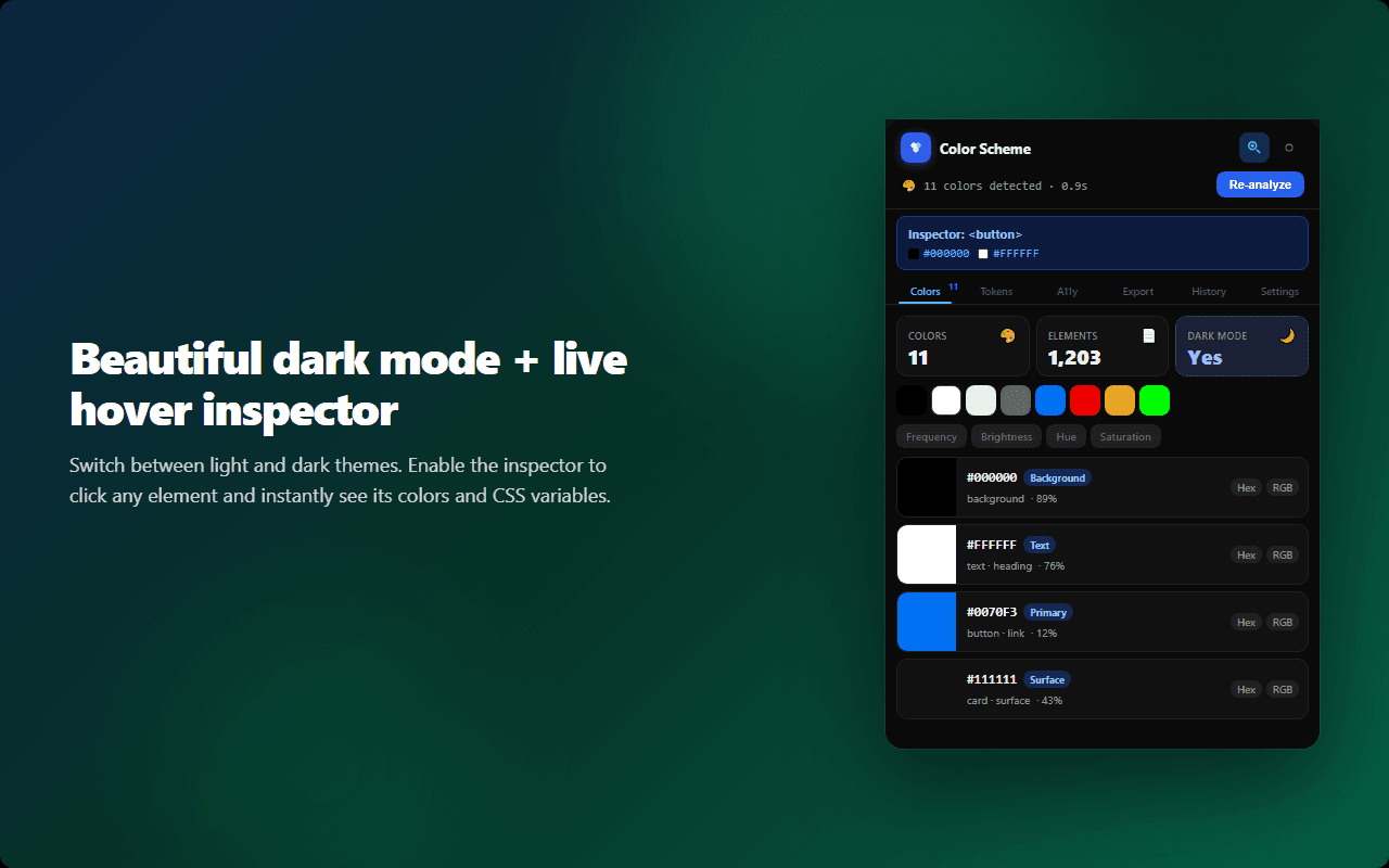 Dark mode — full dark theme with element inspector