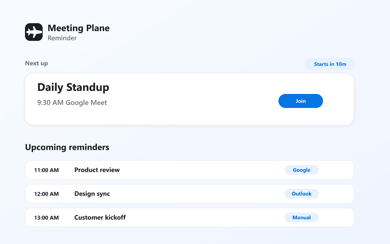 Popup overview — next meeting and upcoming list at a glance