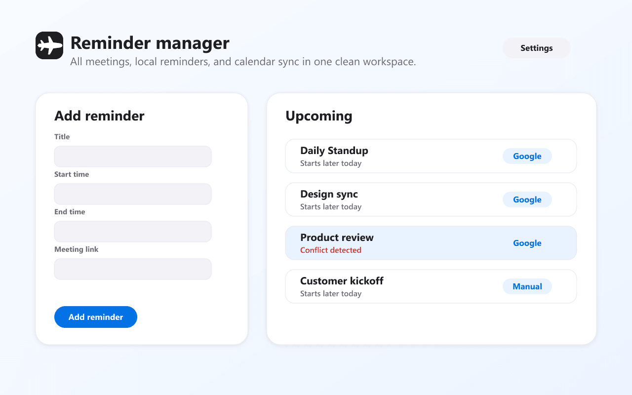 Options manager — add and manage manual reminders