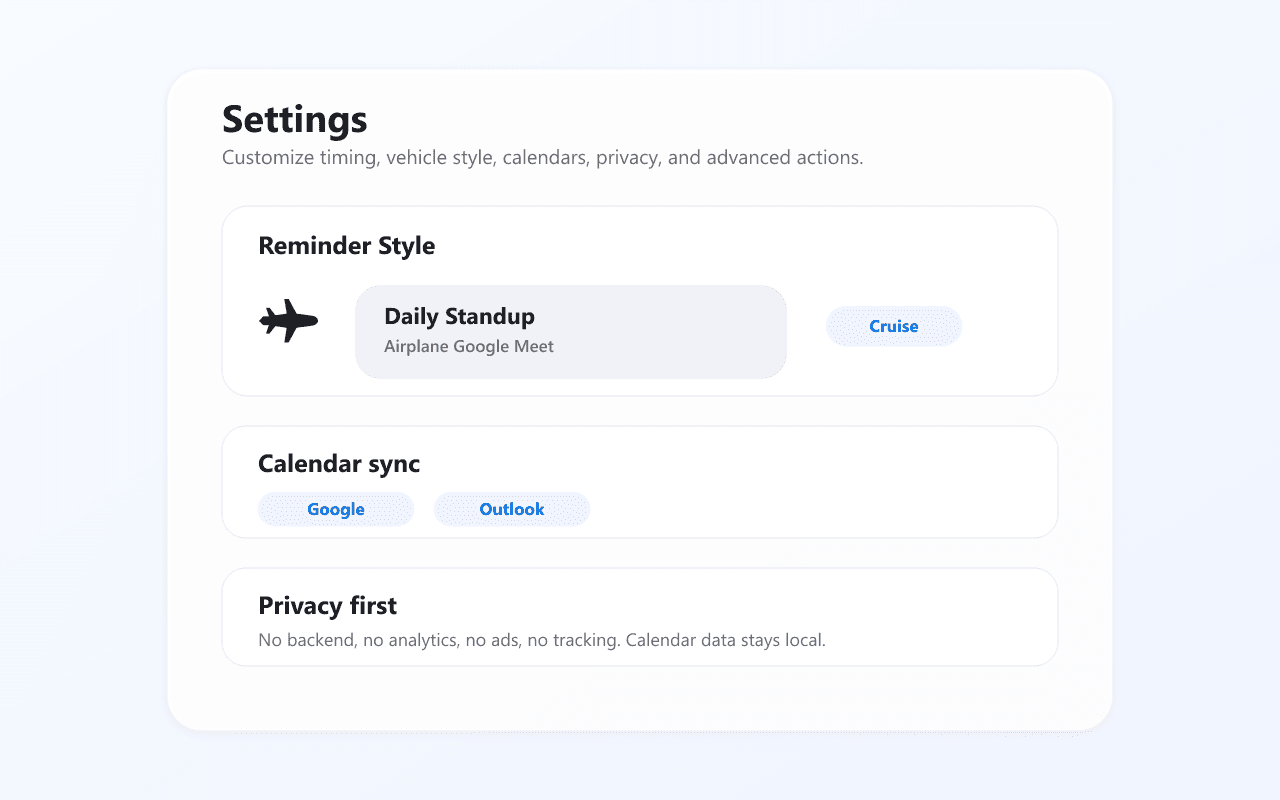 Settings — choose vehicle style and reminder timing