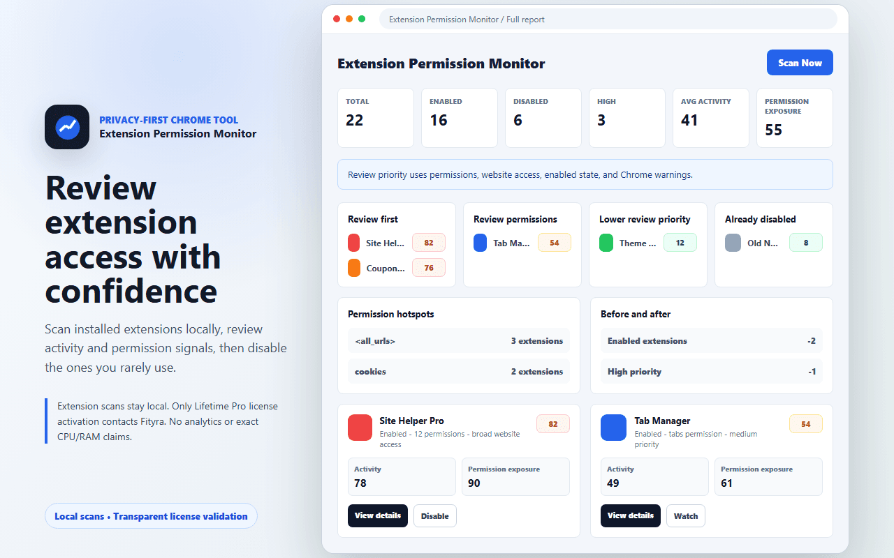 Popup overview — scan results with priority indicators