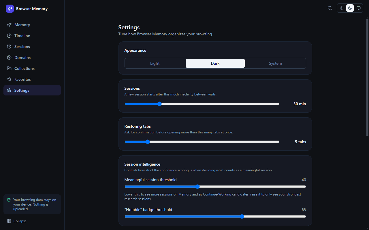Settings, including the privacy statement