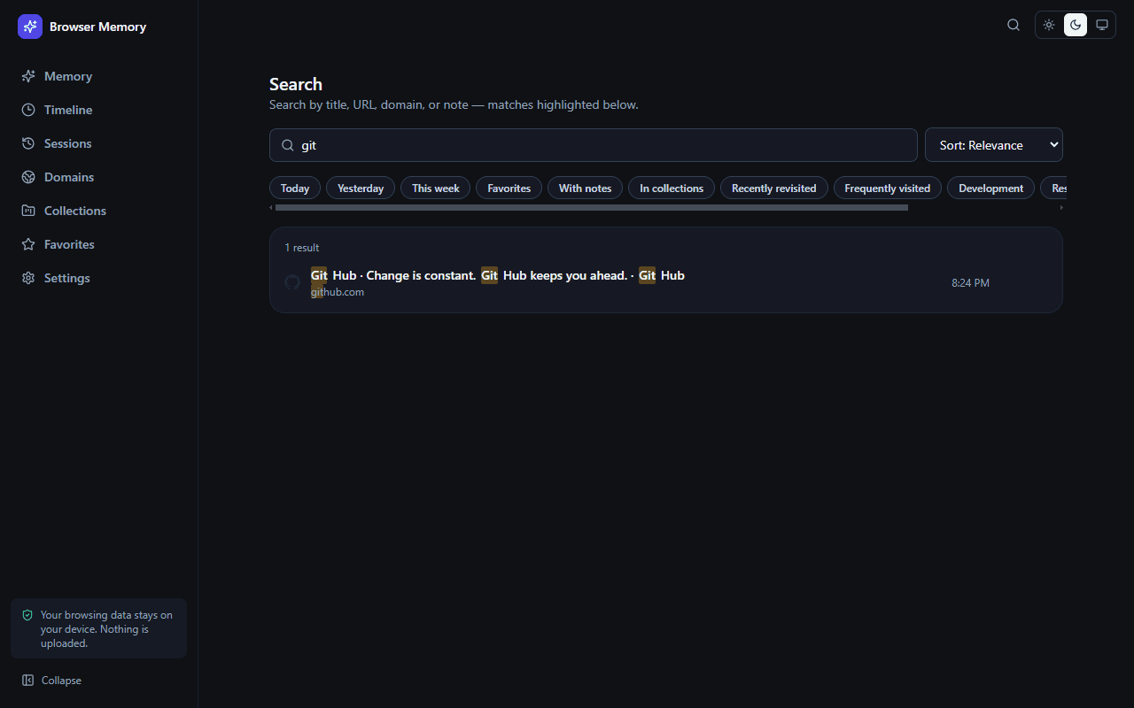 Search with a live query across titles, URLs, and notes