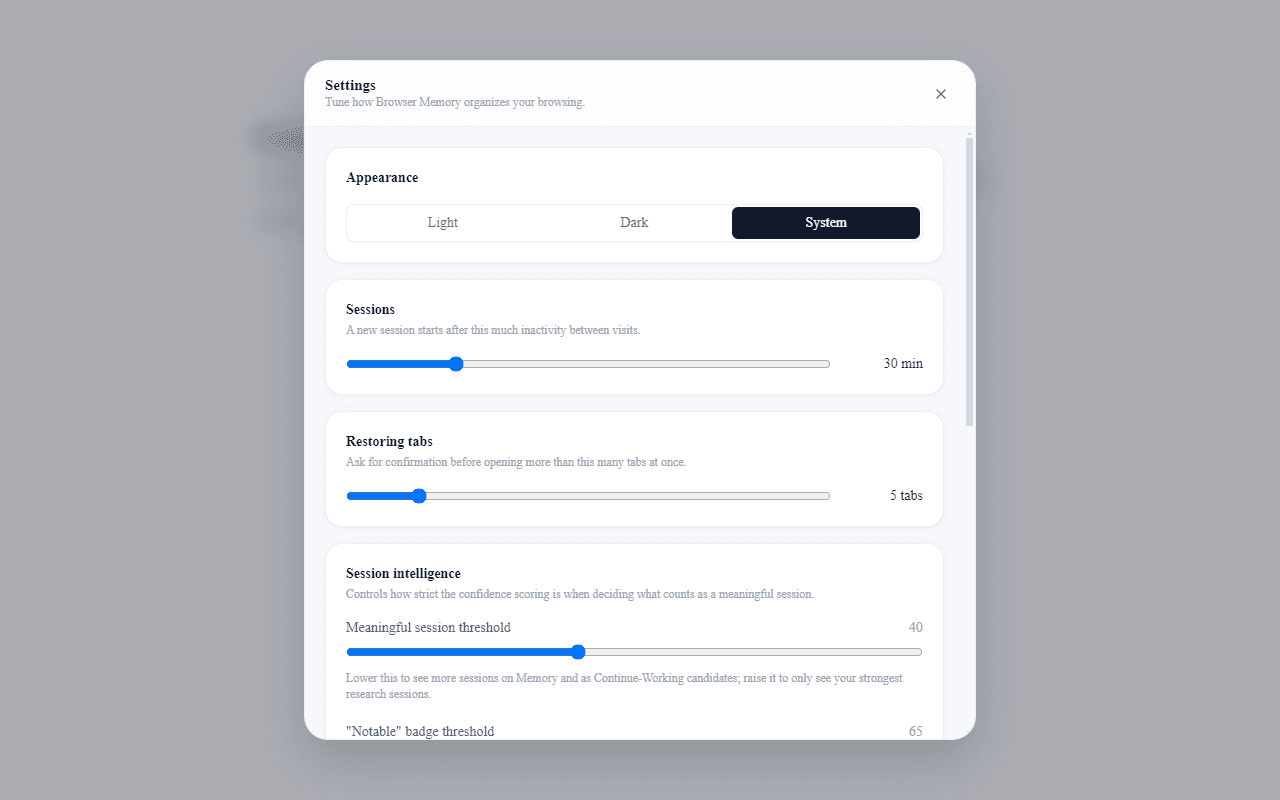 The on-page Settings overlay, floating over an external site
